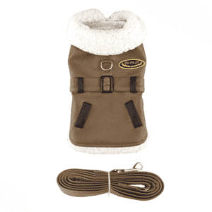 Brown and Black Faux Leather Bomber Dog Coat Harness and Leash - by Doggie Design