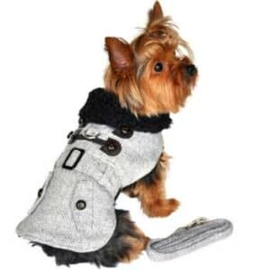 Grey Herringbone Designer Harness Coat and Matching Leash - by Doggie Design